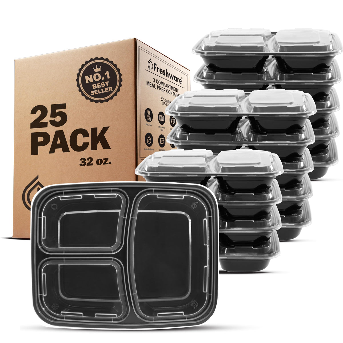 Freshware Meal Prep Containers [50 Pack] 3 Compartment Food Storage Containers with Lids, Bento Box, BPA Free, Stackable, Microwave/Dishwasher/Freezer Safe (24 oz)