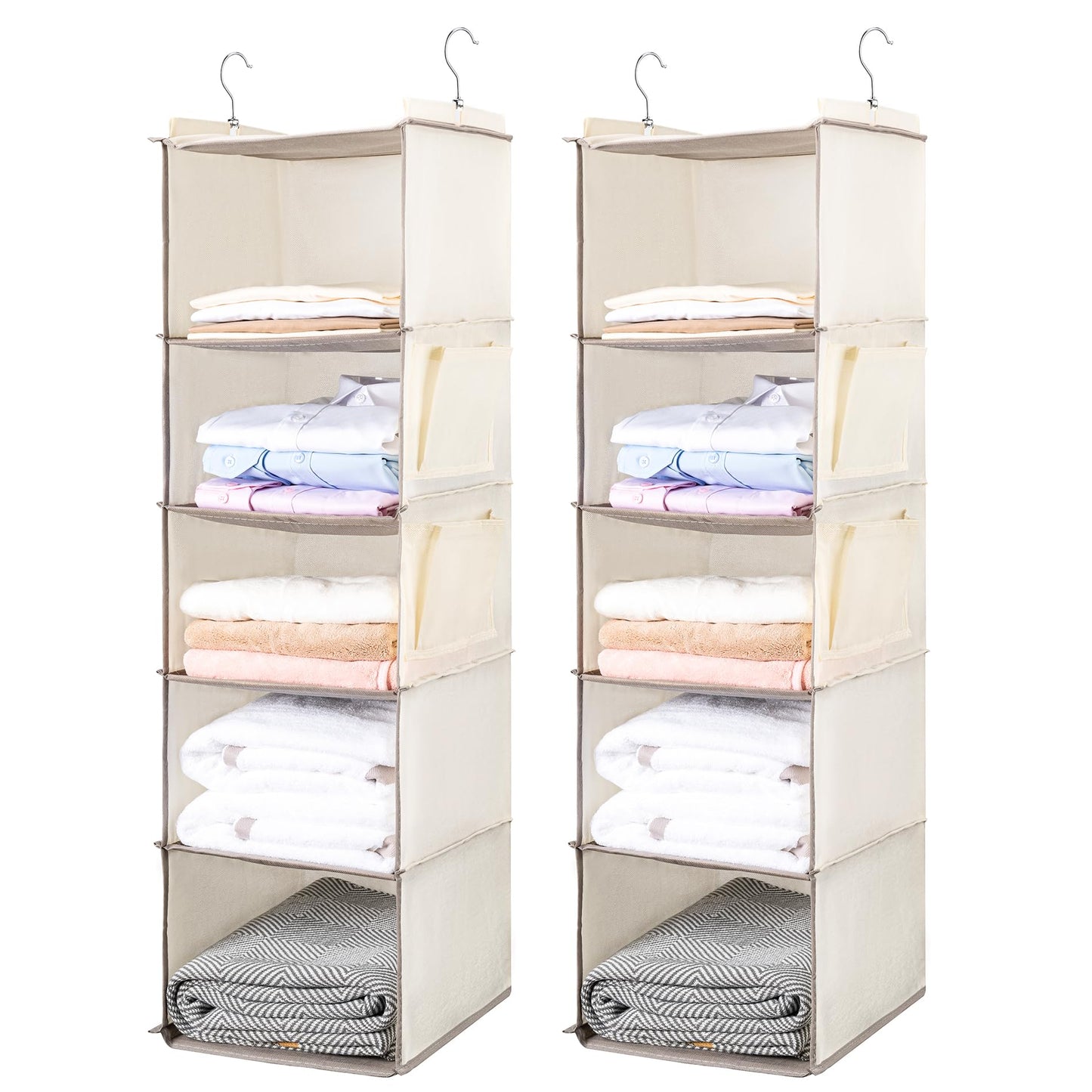 BOOMIBOO Hanging Closet Organize and Shelves，5-Hanging Shelf with 2 Side Pockets，Storage Foldable （Grey）