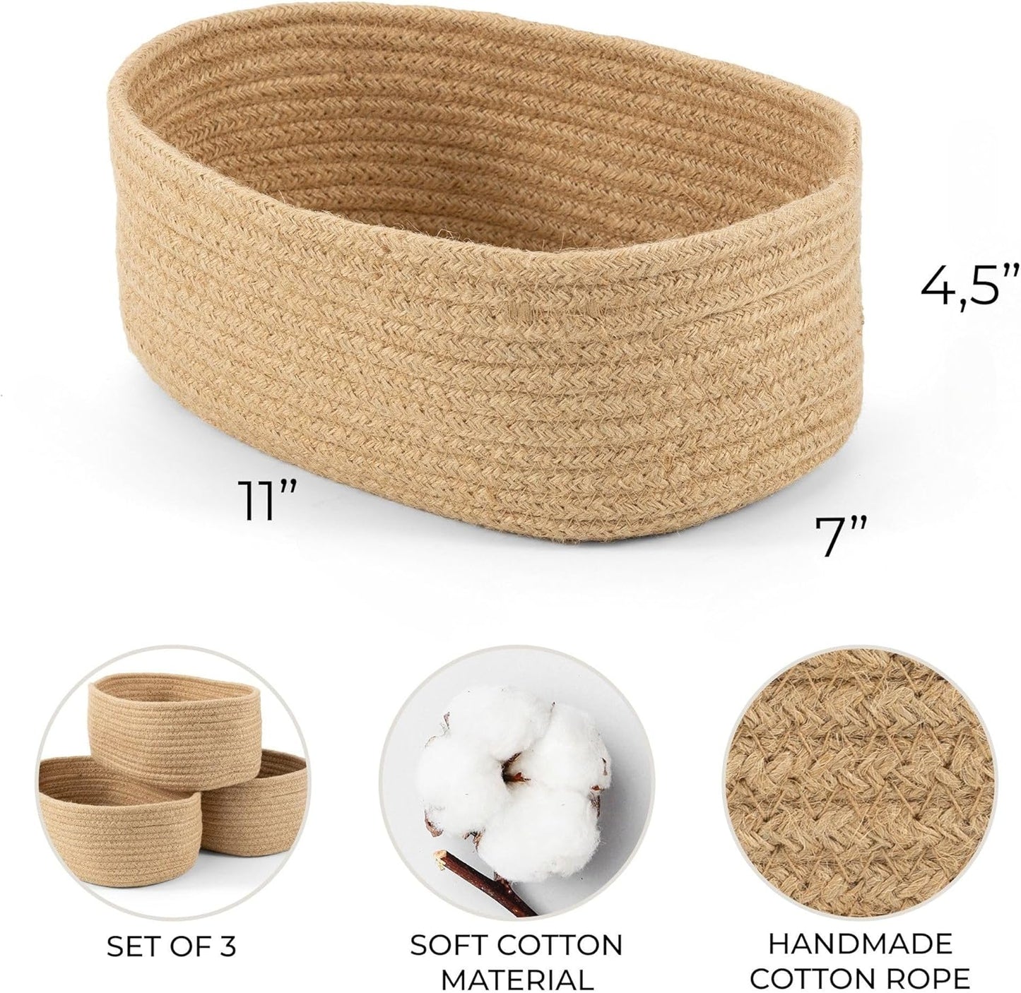 Beautiful Storage Basket Set of 3 - Sturdy Jute Rope Baskets for Shelves