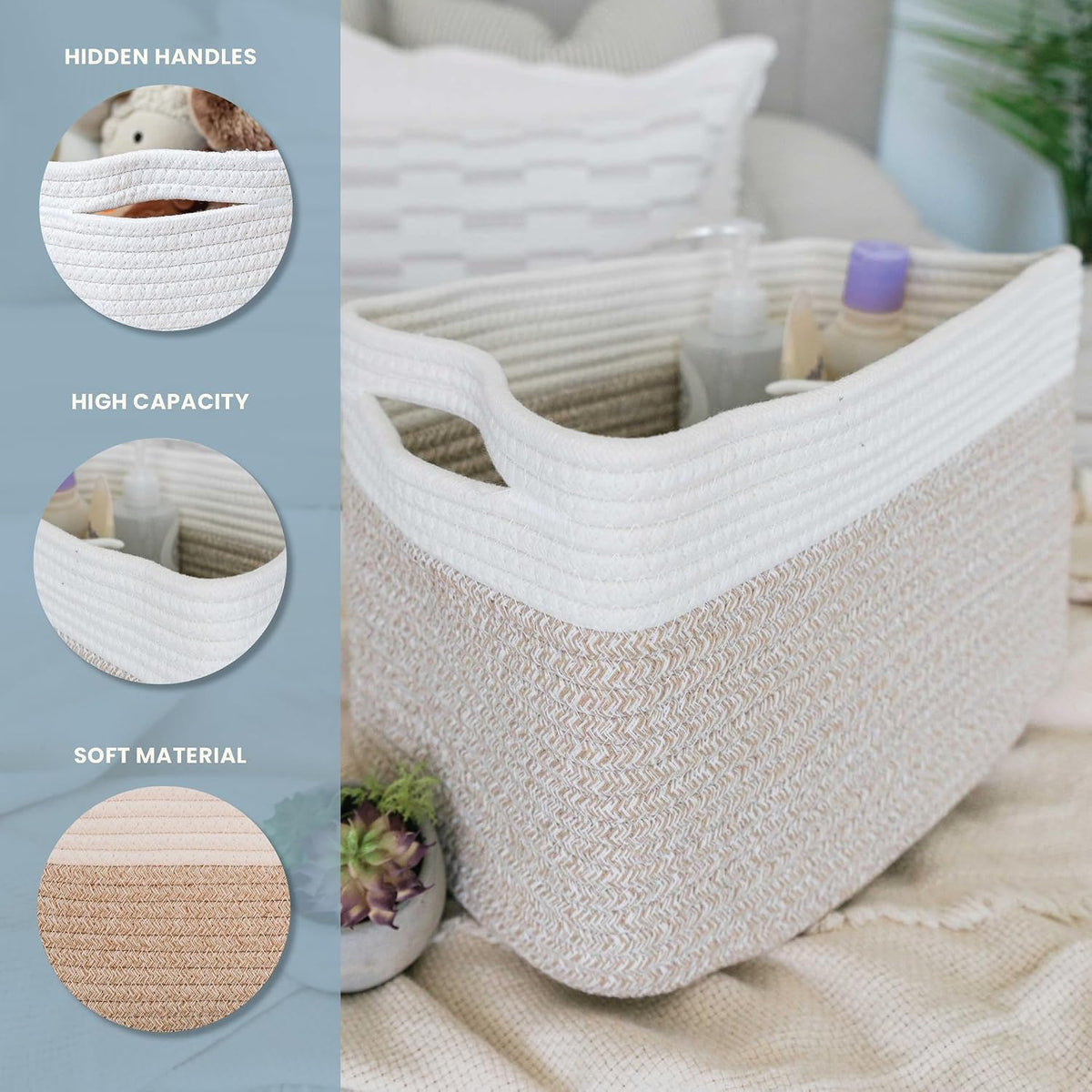 OrganiHaus Cotton Rope Baskets for Shelves, Set of 3, 15x9x10