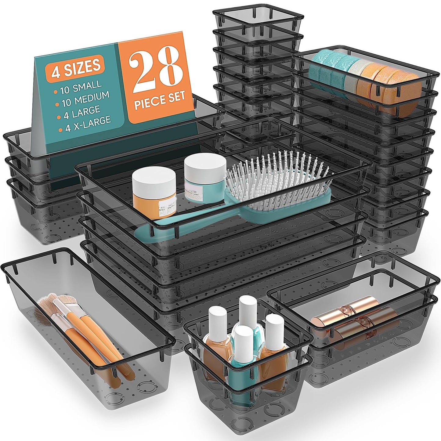 StorMiracle 28 PCS Clear Plastic Drawer Organizers Set, 4 Size Desk Drawer Organizer Trays for Makeup, Jewelry, Kitchen Utensils, Gadgets and Office Accessories