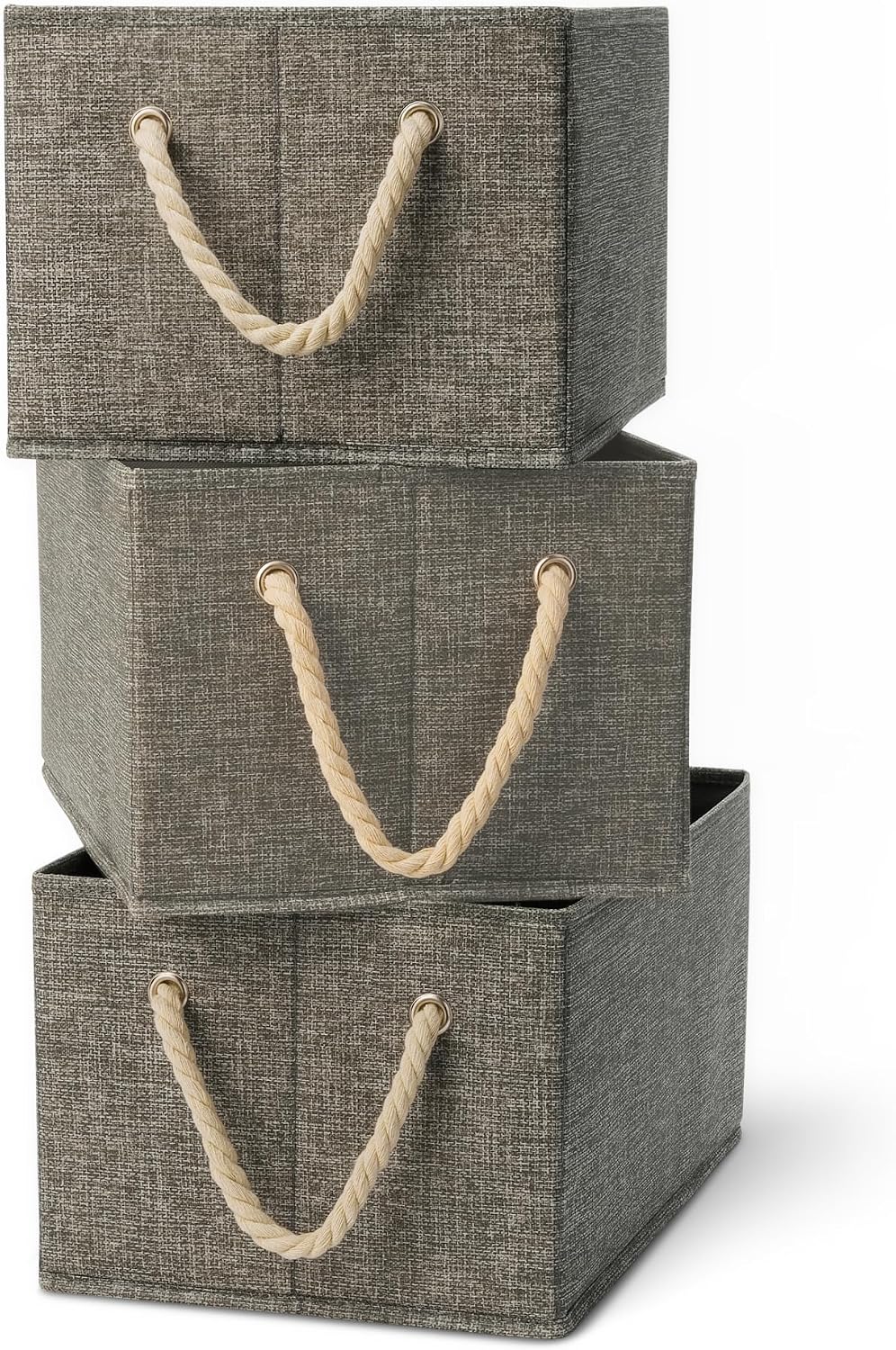 Amazon Basics Foldable Storage Bins with Rope Handles, Closet Organizers, Large, Linen, 3-Pack