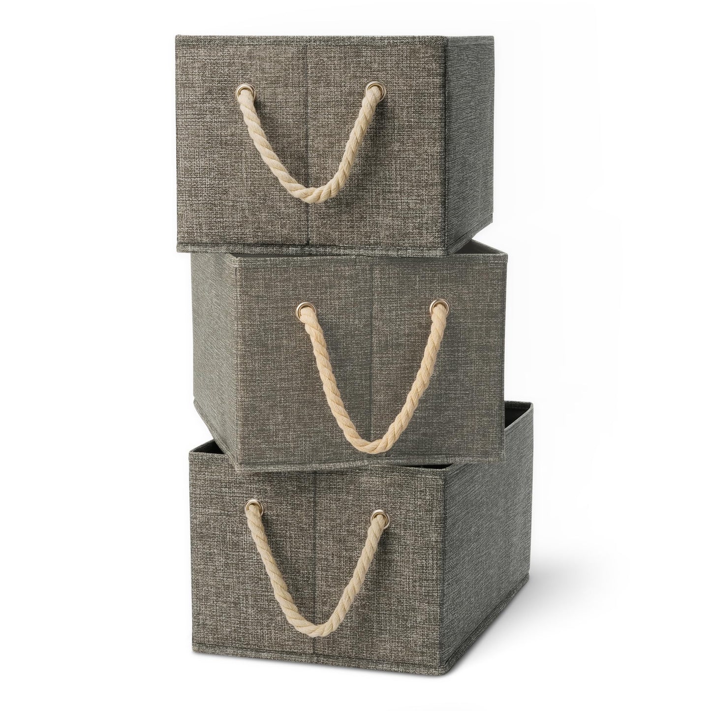 Amazon Basics Foldable Storage Bins with Rope Handles, Closet Organizers, Large, Linen, 3-Pack