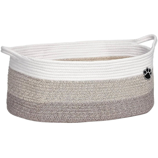 Optish Dog Toy Basket, 30L Toy Box and Bin for Dog Cat Storage, 19.7" X 11" X 7.9" Large Woven Rope Basket for Blanket Storage, Living Room, Bedroom, White & Brown