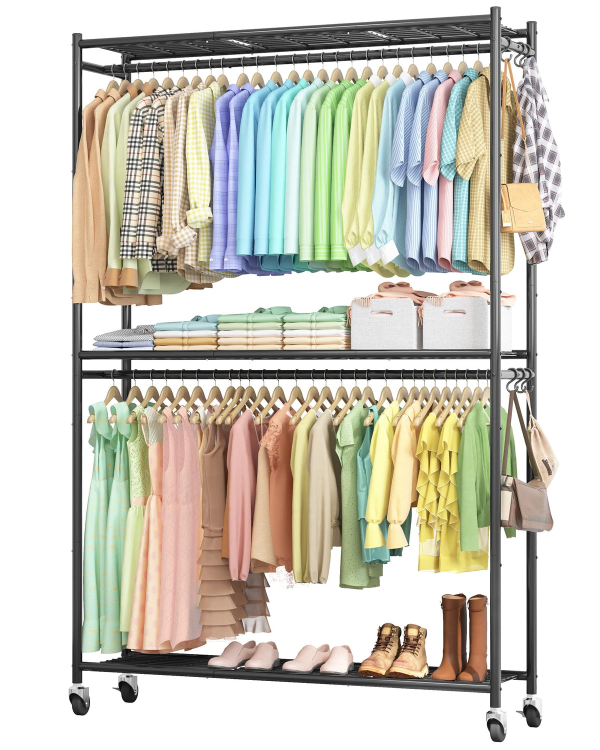 Sakugi Clothes Rack - 33.0" x 12.2" x 79.5" Clothing Rack with Shelves & Wheels, Multi-Functional Wardrobe Closet with Hooks, Sturdy Metal Garment Rack for Bedroom, Laundry, Balcony (Black)
