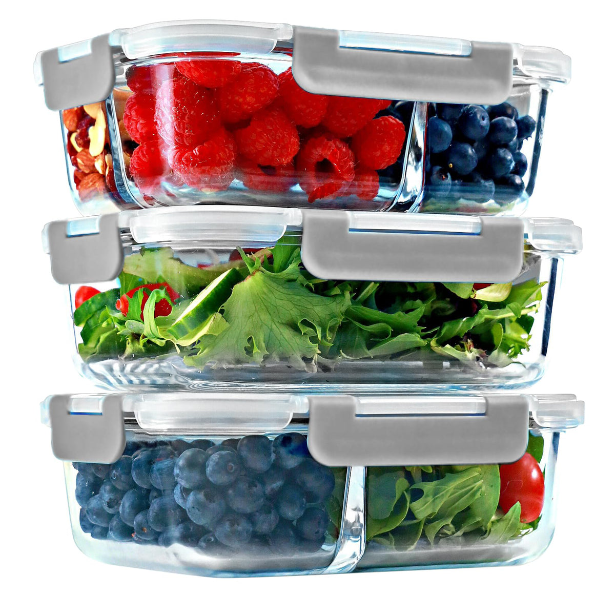 Glass Meal Prep Containers 2 and 3 Compartments, Leak-Proof, 32 oz, 4 Pack
