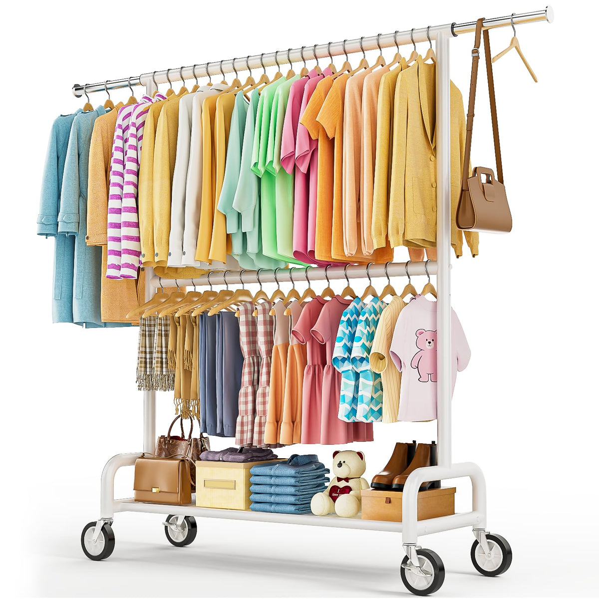 Heavy Duty Clothes Rack Load 960LBS, Three Rods Rolling Clothing Racks for Hanging Clothes, Rolling Garment Rack With Sturdy Wheels Shelves Hooks, Portable & Adjustable Commercial Garment Rack, Silver