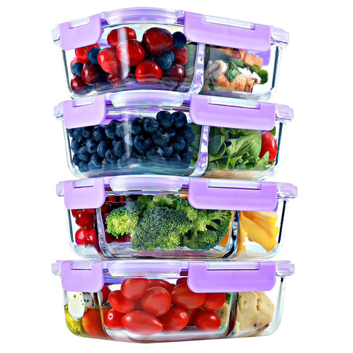 Glass Meal Prep Containers 2 and 3 Compartments, Leak-Proof, 32 oz, 4 Pack