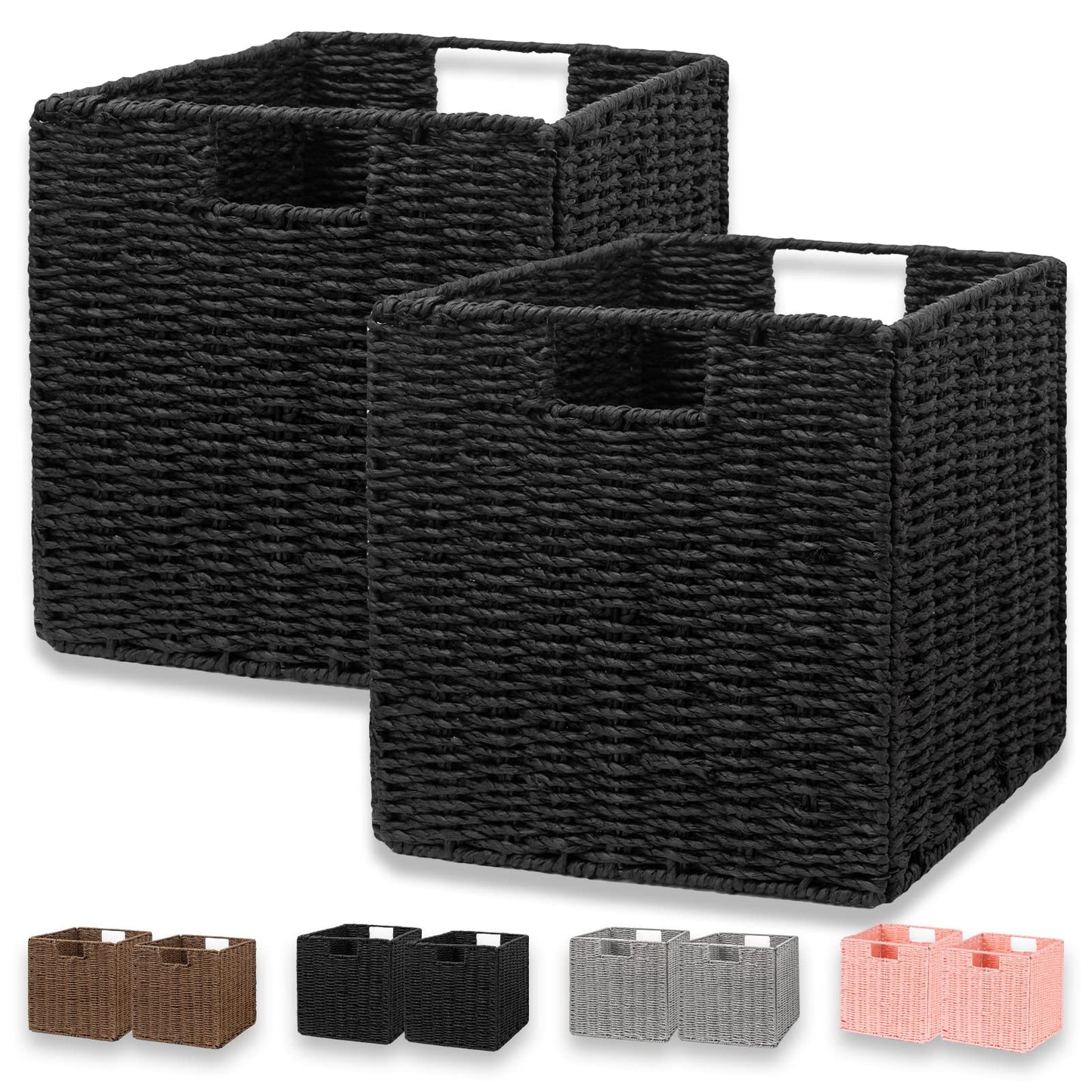 Vagusicc Wicker Storage Basket, Set of 2 Hand-Woven Storage Baskets for Shelves, Foldable Cube Storage Baskets Bins with Handles, 9 inch Small Wicker Baskets for Organizing Pantry Bedroom, Brown