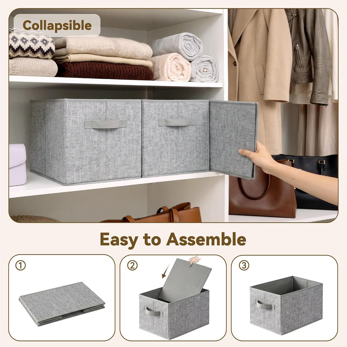 GRANNY SAYS Closet Storage Bins with Handles, Gray, Large, 3-Pack