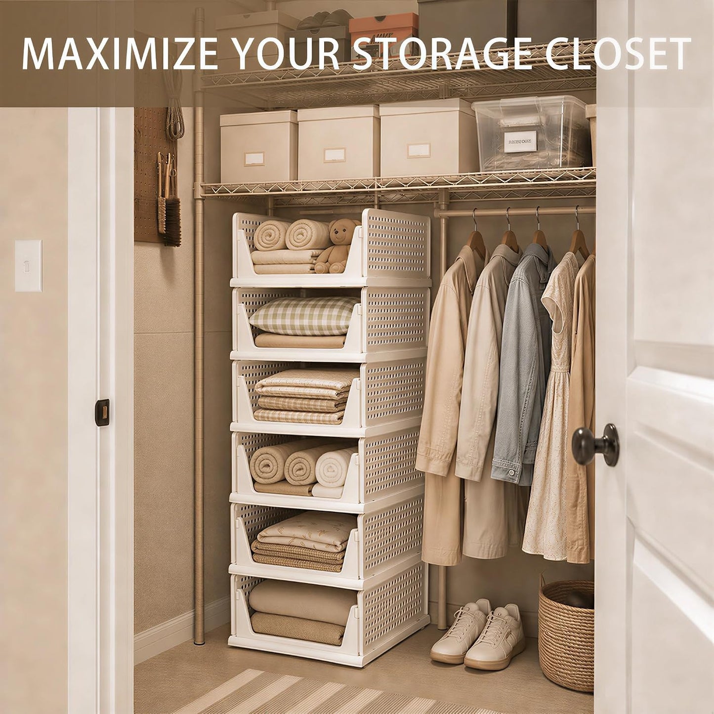 Pinkpum 6 Pack Closet Organizer Storage Bins Stackable Plastic Drawer Shelf