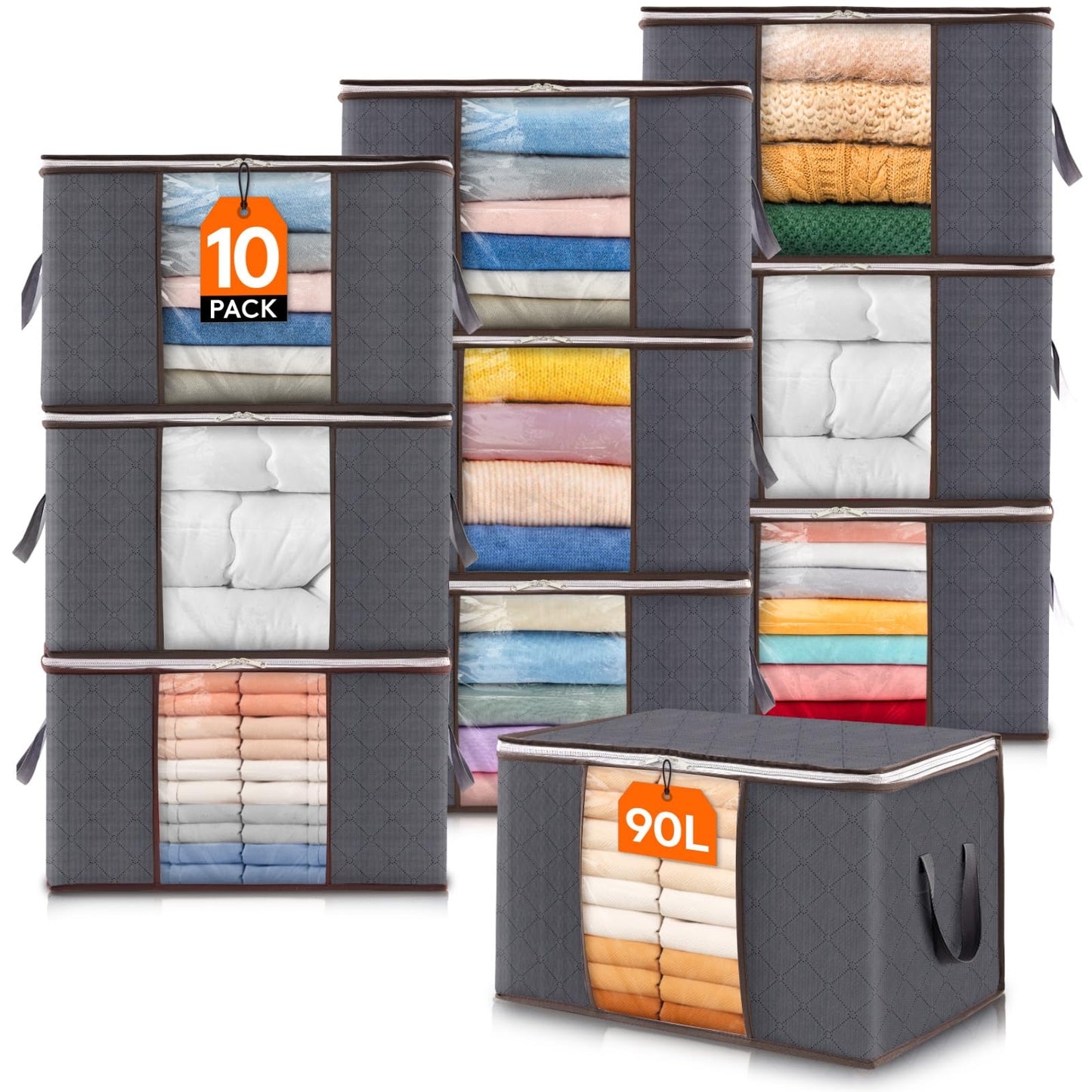 Lifewit 6 Pack Clothes Storage Bins with Lids, Foldable Blanket Storage Bags with Zippers, Clear Window and Reinforced Handles, Closet and Organization for Clothing, Sweater, Comforter, Bedding