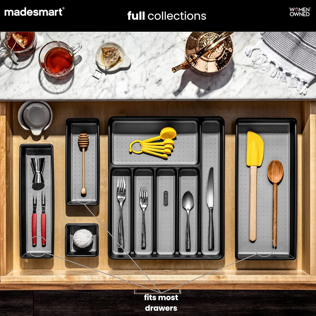 madesmart Classic 3 Bin Drawer Organizer Set, Granite