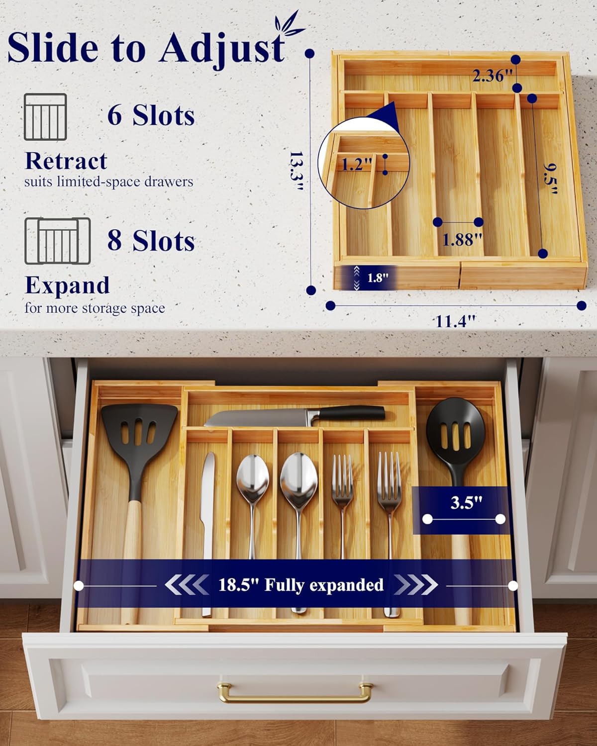 Kitsure Silverware Organizer, Bamboo Kitchen Drawer Tray, Natural, Large