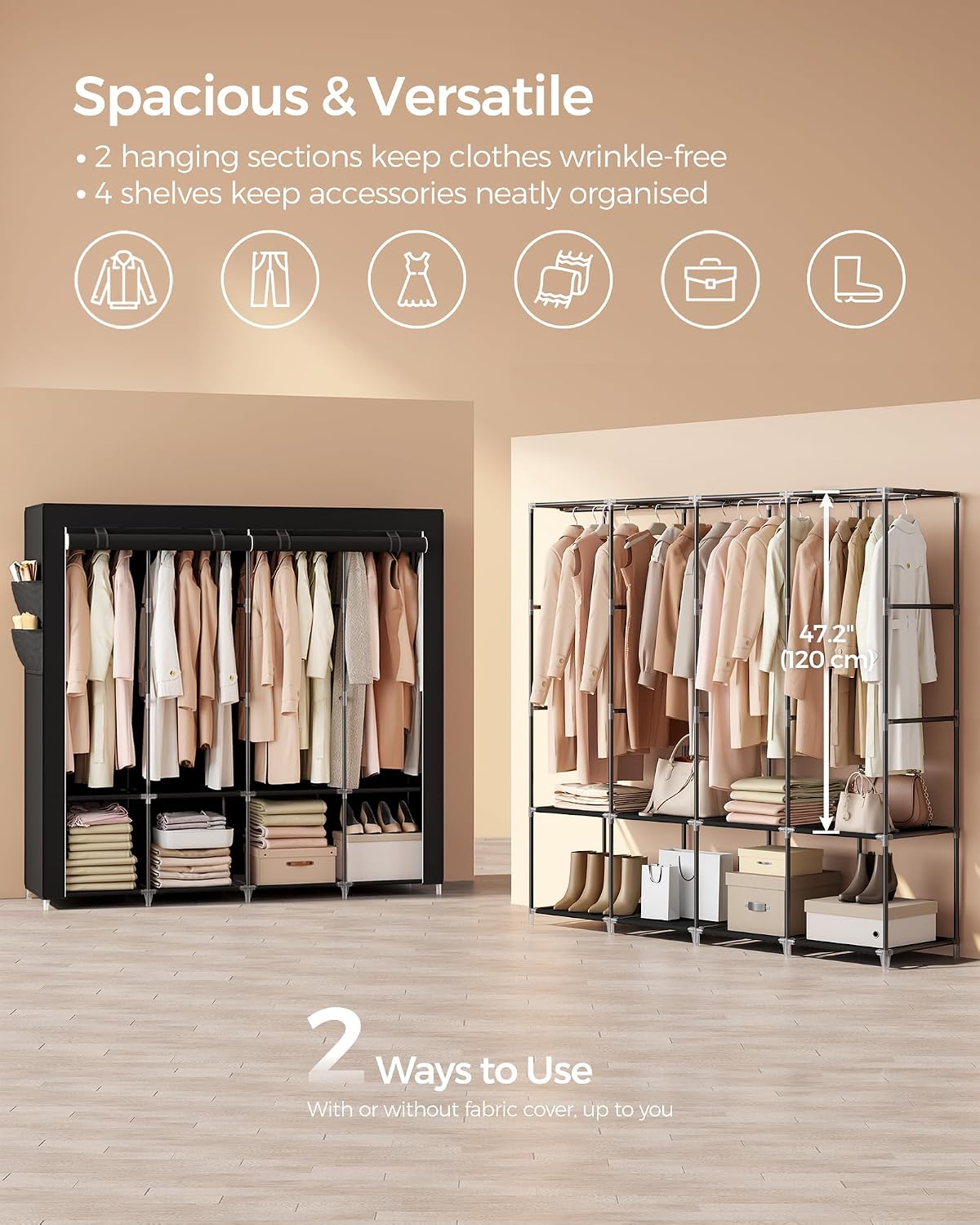 SONGMICS Portable Closet with Cover, 4 Hanging Rods and Shelves