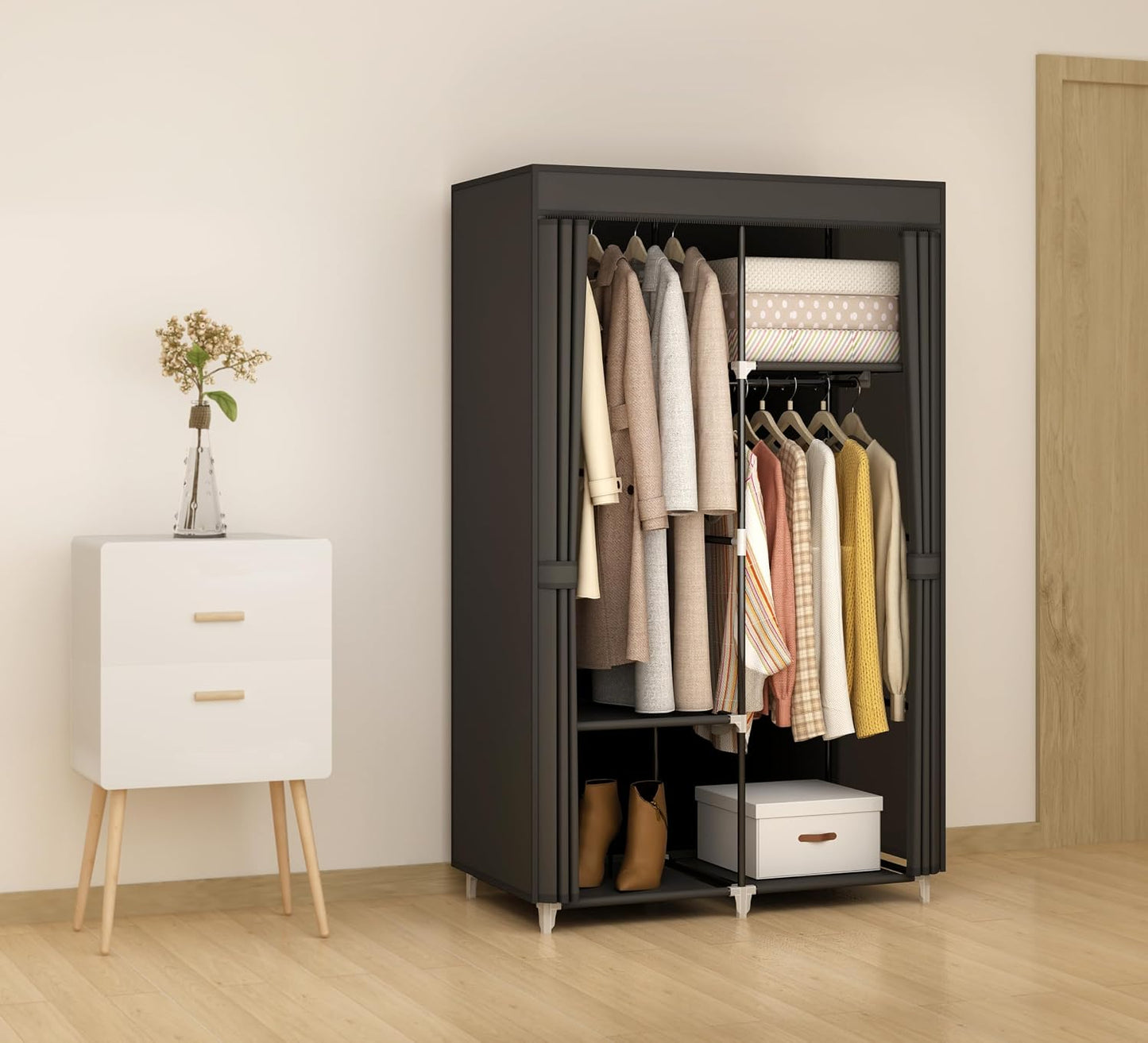 35“ Portable Closet Wardrobe for Small Room, Hanging Rods Shelves & Cover