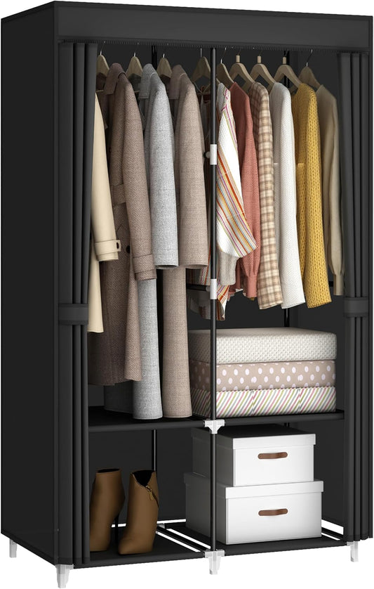 35“ Portable Closet Wardrobe for Small Room, Hanging Rods Shelves & Cover