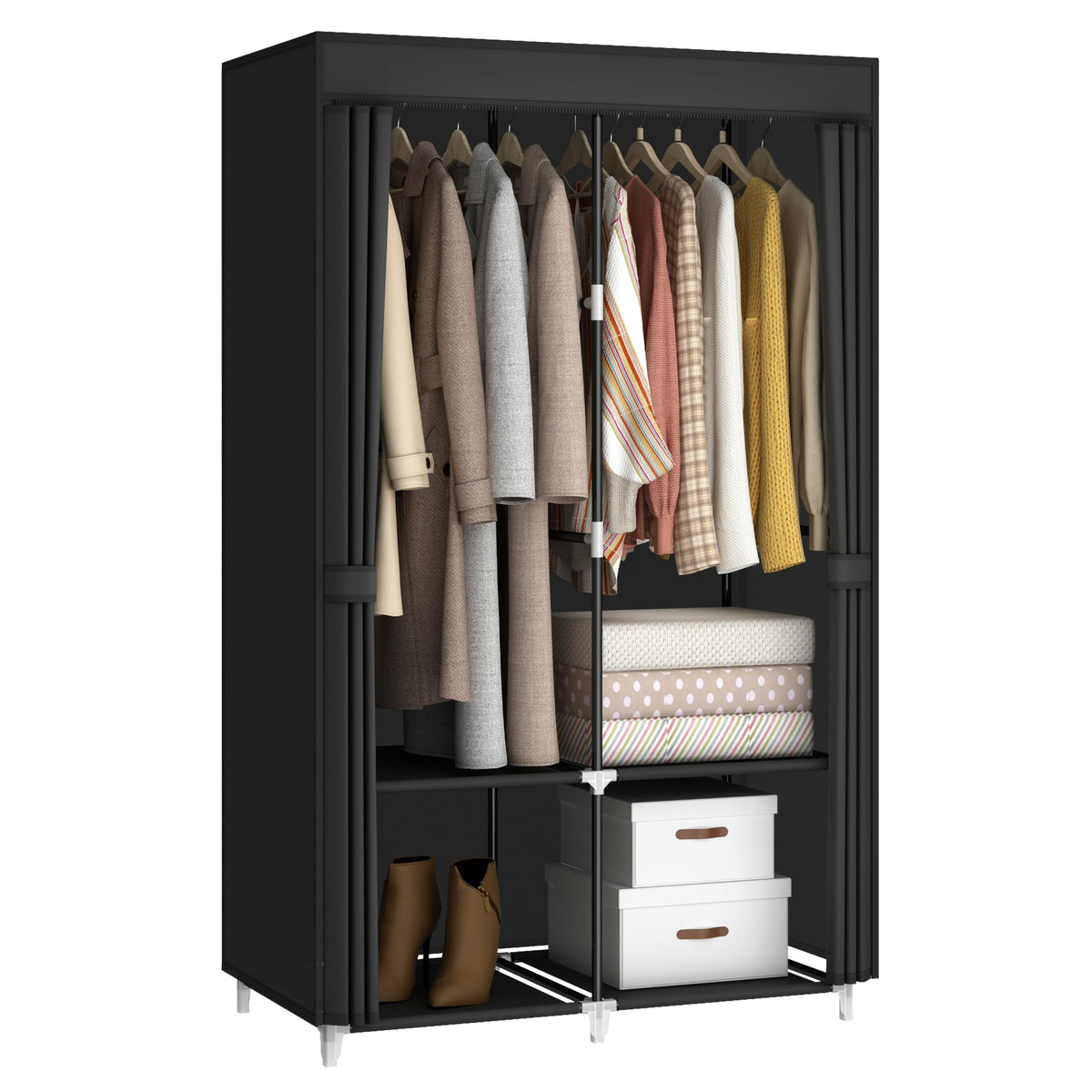 35“ Portable Closet Wardrobe for Small Room, Hanging Rods Shelves & Cover