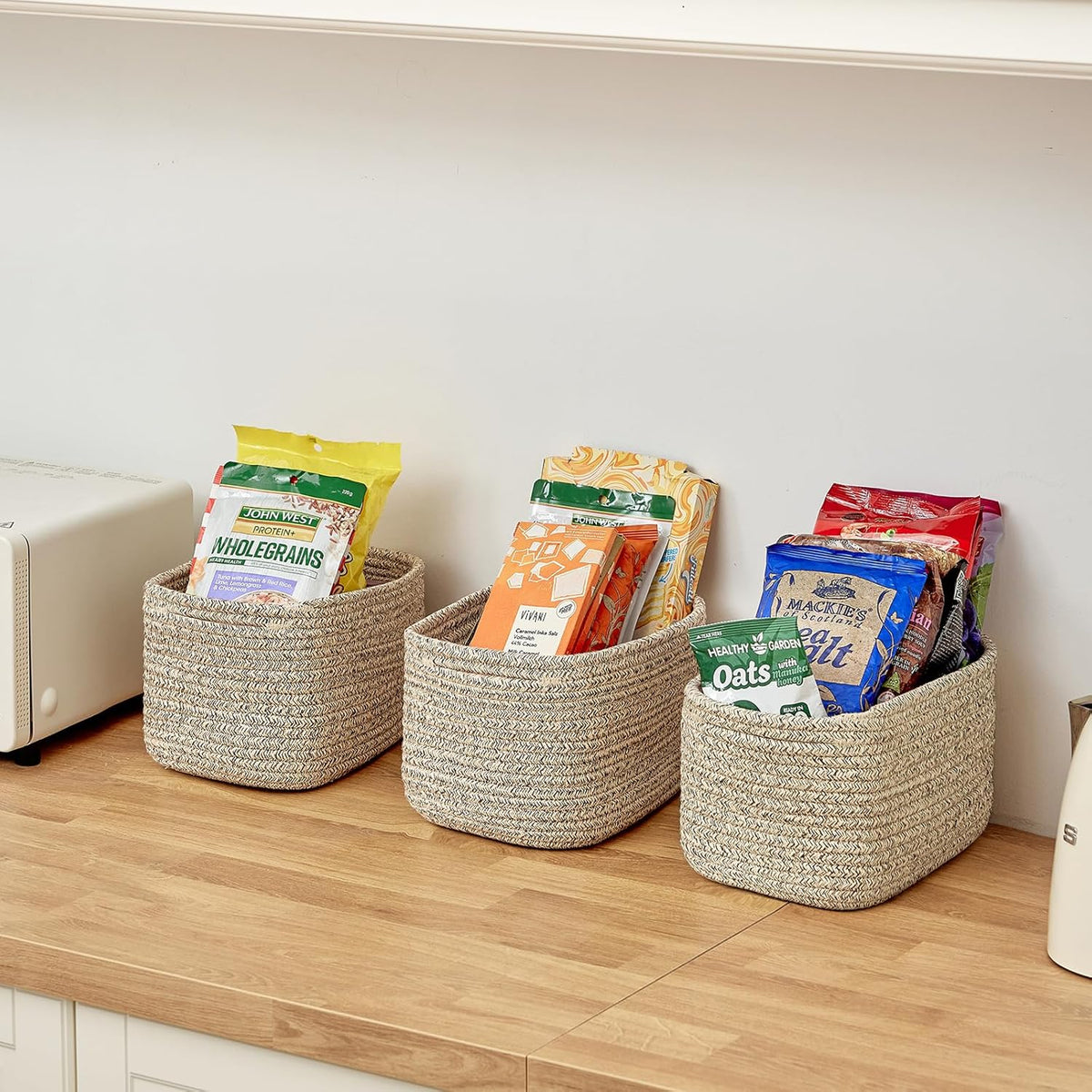R RUNKA Small Cotton Rope Basket – Storage Bin for Organizing (10.6" x 6.7" x 6.7"), Bathroom Storage Basket for Shelf, Counter & Closet（Beige）