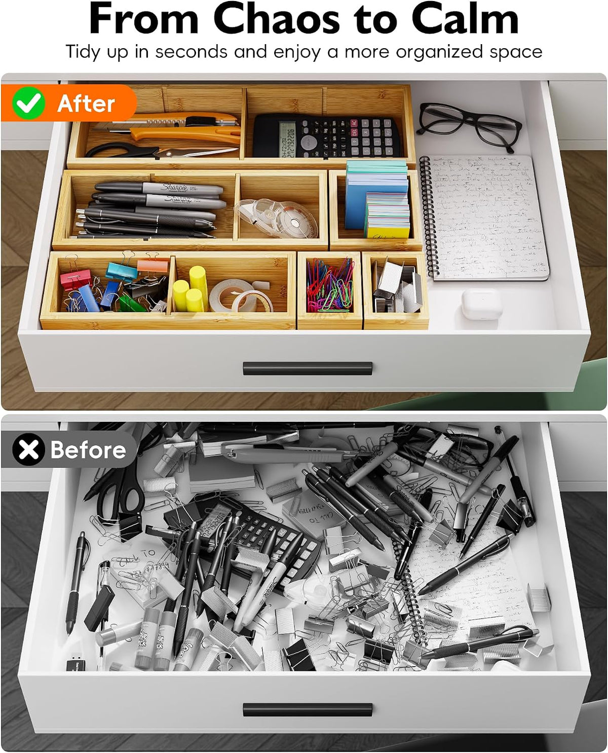 12-Piece Bamboo Drawer Organizer Set, 24 Compartments Modular Storage