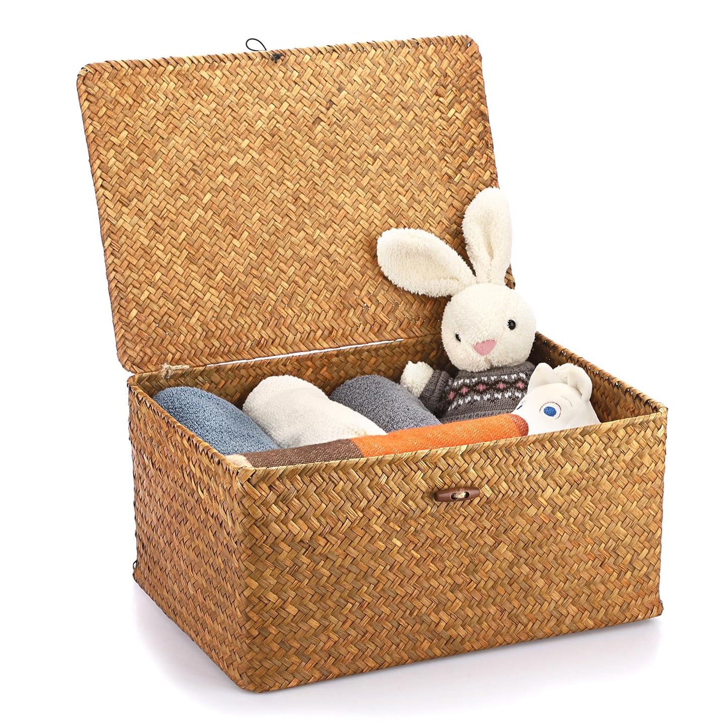 Hipiwe Wicker Shelf Baskets Bin with Lid Large Handwoven Basket Box, Coffee