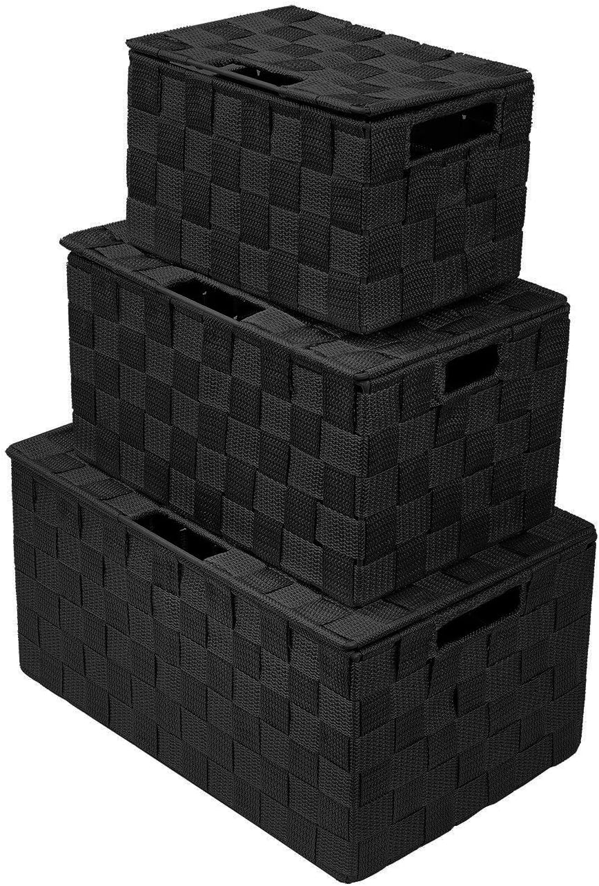 Sorbus Storage Basket with Lid, 3-Piece Woven Set for Shelves (Black)