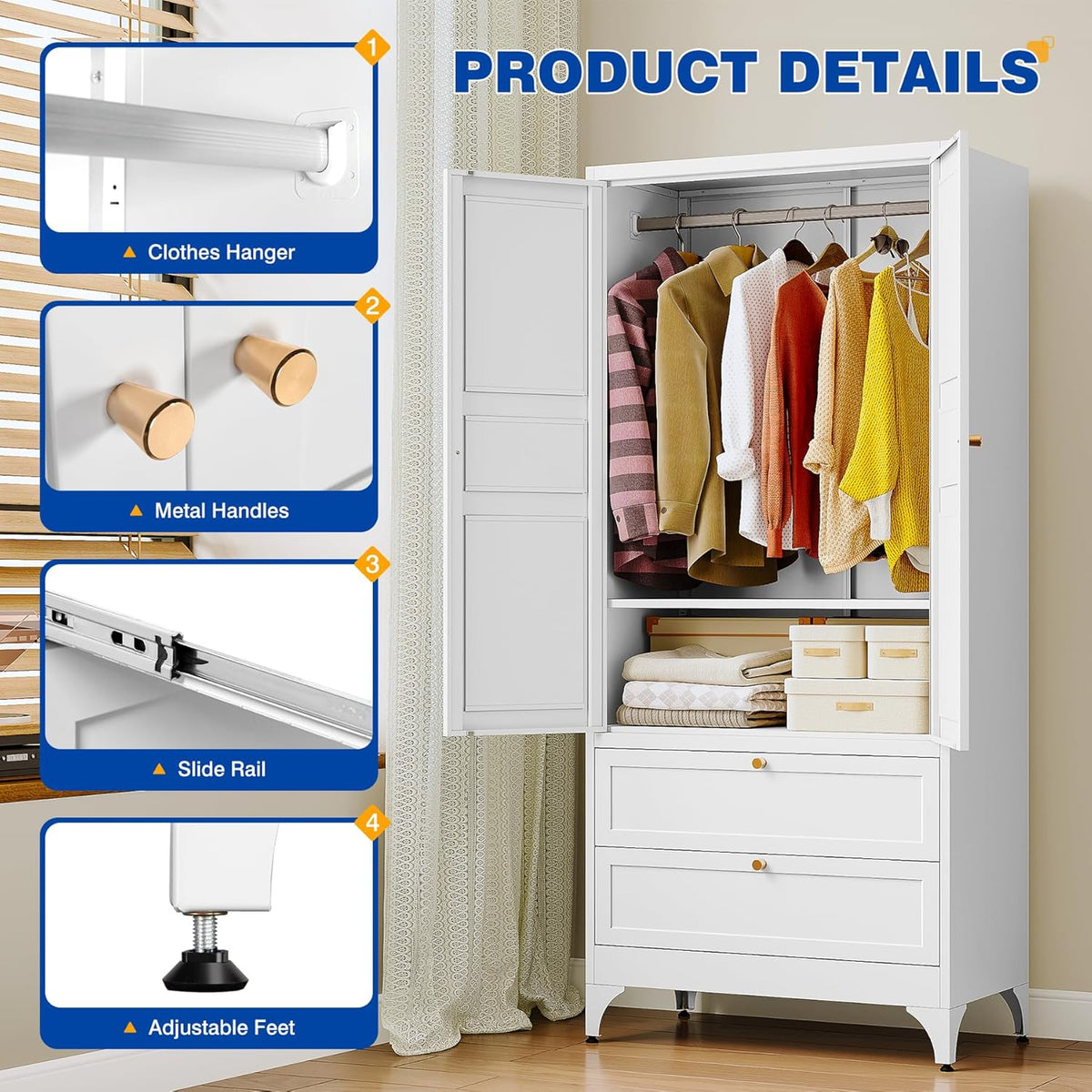 BYNSOE 71" Tall Metal Wardrobe Closet with 2 Drawers, Steel Armoire Cabinet with Hanging Rod and Adjustable Shelves, Freestanding Clothes Storage Organizer for Bedroom Office Furniture