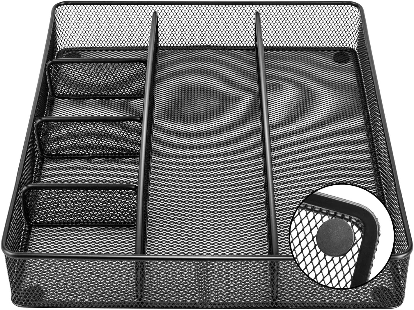 Amazon Basics Metal Mesh Desk Organizer with 6 Compartments, Anti-Slip Pen Holder Storage Tray for Office Supplies and Home, Black