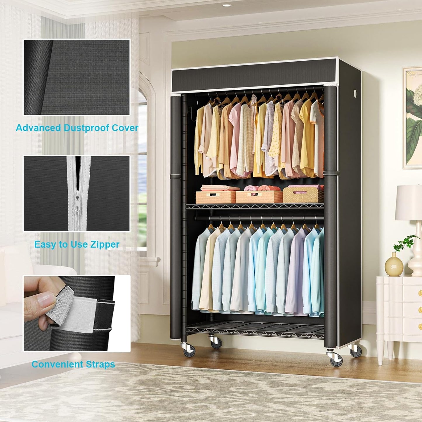 FUTASSI Clothing Rack with Cover, P1C Rolling Closets with Wheels