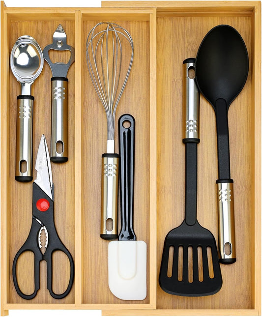Large Bamboo Kitchen Utensil Drawer Organizer Expandable Silverware Tray