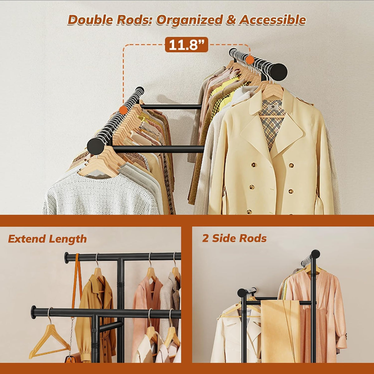 Clothes Rack 210 LBS Double Rods Extra Storage Basket