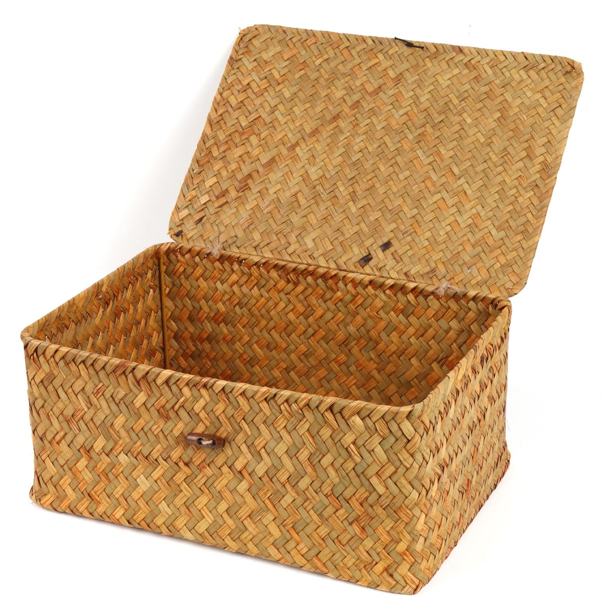 FEIALNDUO Wicker Shelf Baskets with Lid,Seagrass Storage Basket Bins Rectangular Handwoven Basket Boxes for Shelves Desktop Home Organizer (Coffee, X-Small)