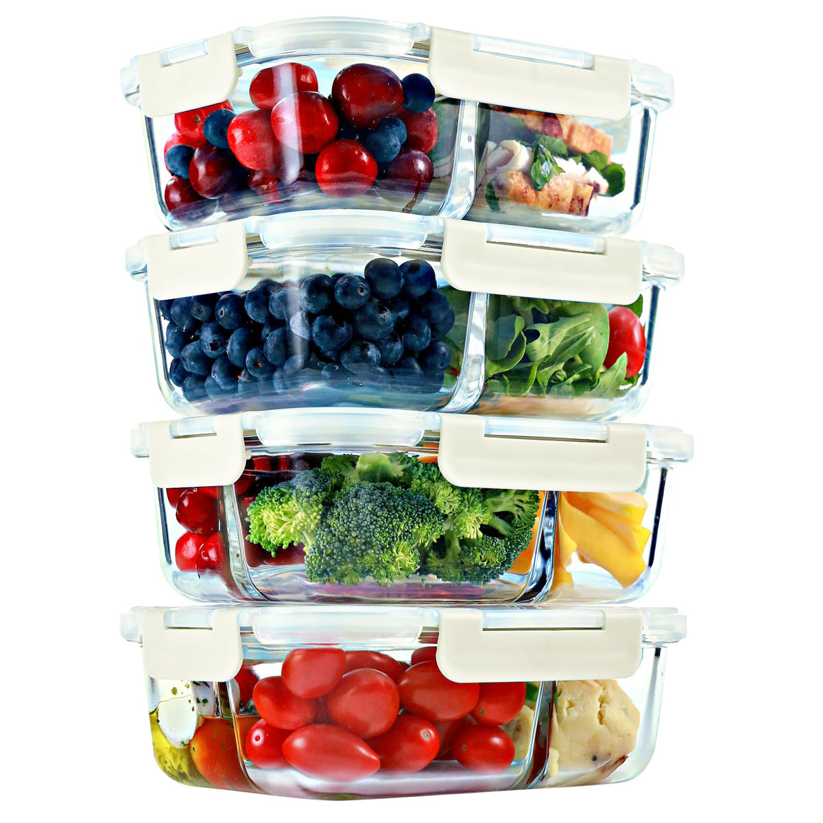 Glass Meal Prep Containers 2 and 3 Compartments, Leak-Proof, 32 oz, 4 Pack
