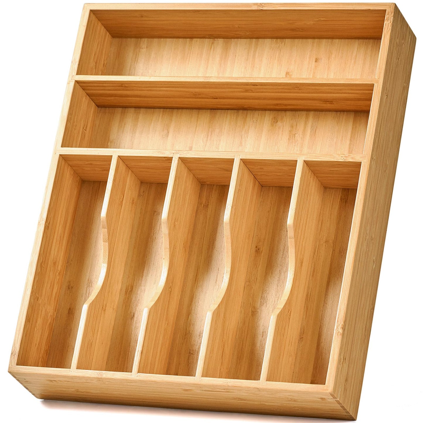 Umilife Extra Large Expandable Kitchen Siverware Utensils Drawer Organizer, 19" Deep for Big Drawer, Adjustable Bamboo Wood Drawer Divider with Curved Grooves, Cutlery Tray Flatware Holder