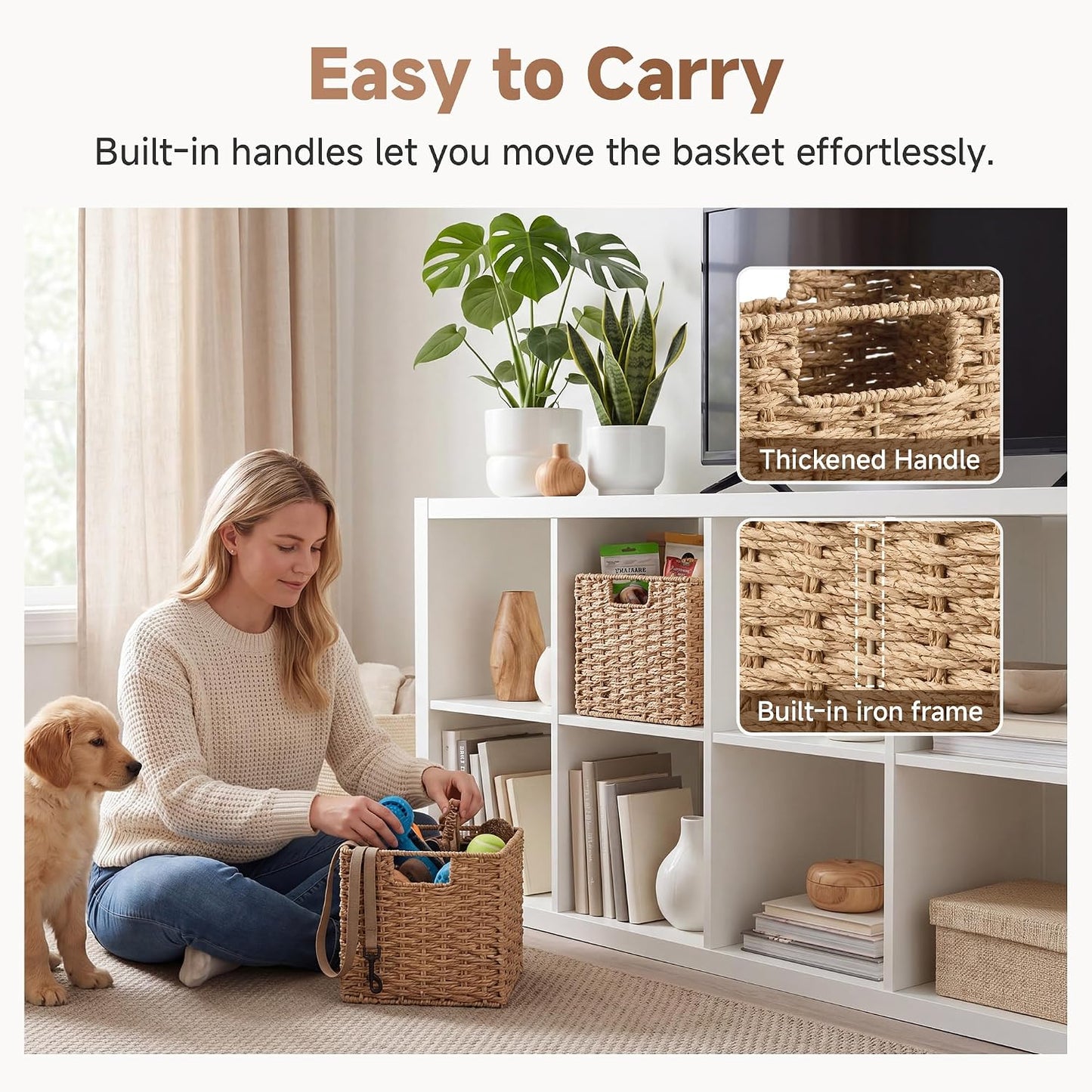 StorageWorks 9 inch Wicker Baskets for Storage, Square Baskets, Natural