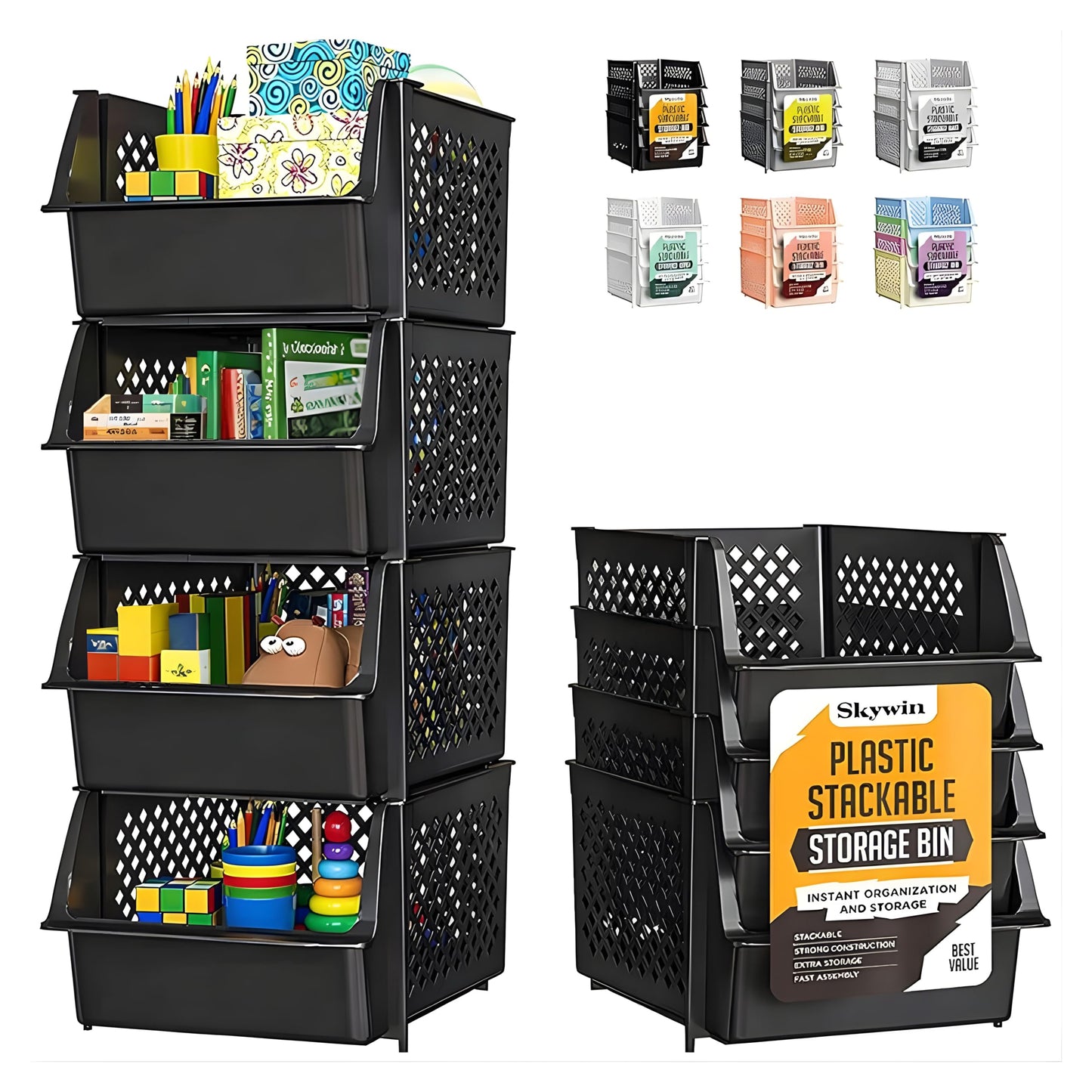 Skywin Stackable Storage Bins Open Front for Pantry Storage, 4 Pack - Multi