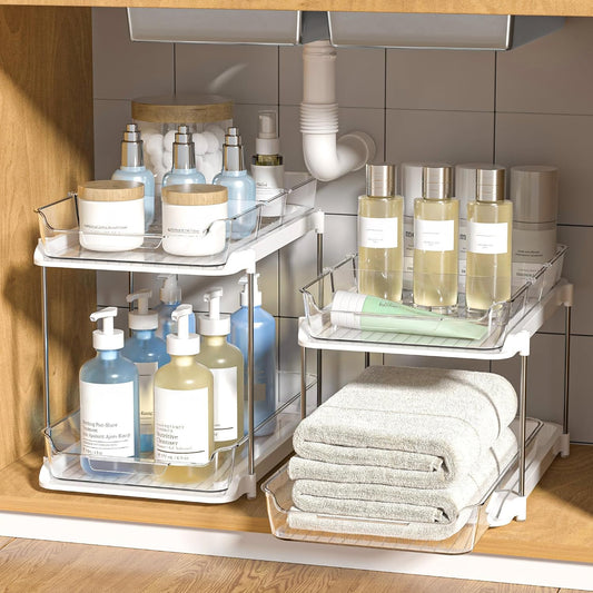 Delamu 2-Tier Multi-Purpose Bathroom Under Sink Organizers and Storage, Stackable Kitchen Pantry Organization, Pull Out Medicine Cabinet Organizer with Movable Dividers, White, 2 Pack