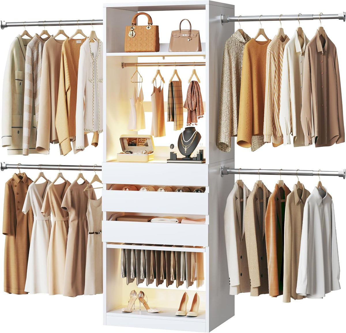Closet System, 4-8FT Closet Organizer with 3 Wood Drawers & Glass Top, 102'' Walk in Closet with 5 Hang Rods & LED Lights & Trouser Rack, Built-in Wardrobe Clothes Rack with Shelves and Tower, White