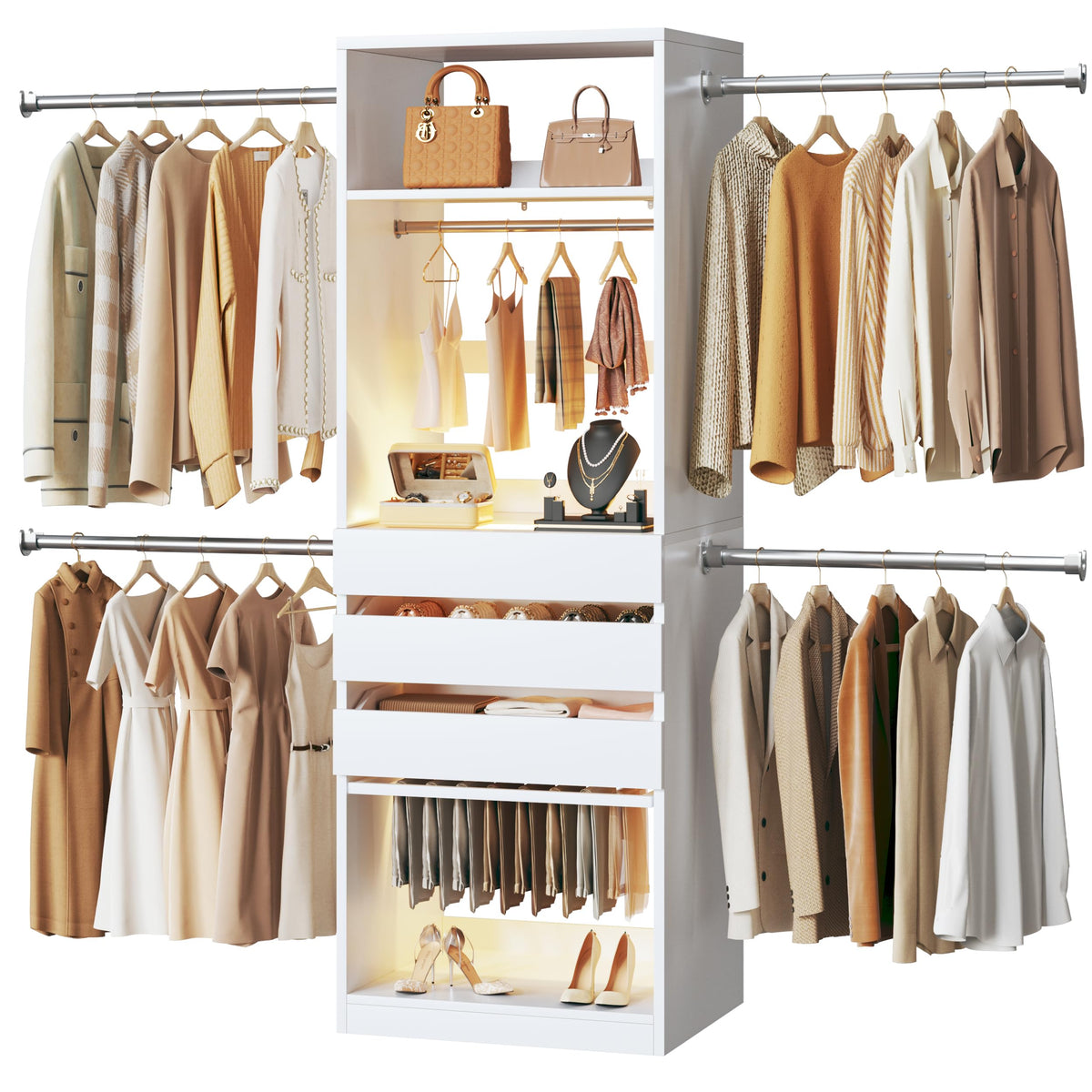 Closet System, 4-8FT Closet Organizer with 3 Wood Drawers & Glass Top, 102'' Walk in Closet with 5 Hang Rods & LED Lights & Trouser Rack, Built-in Wardrobe Clothes Rack with Shelves and Tower, White