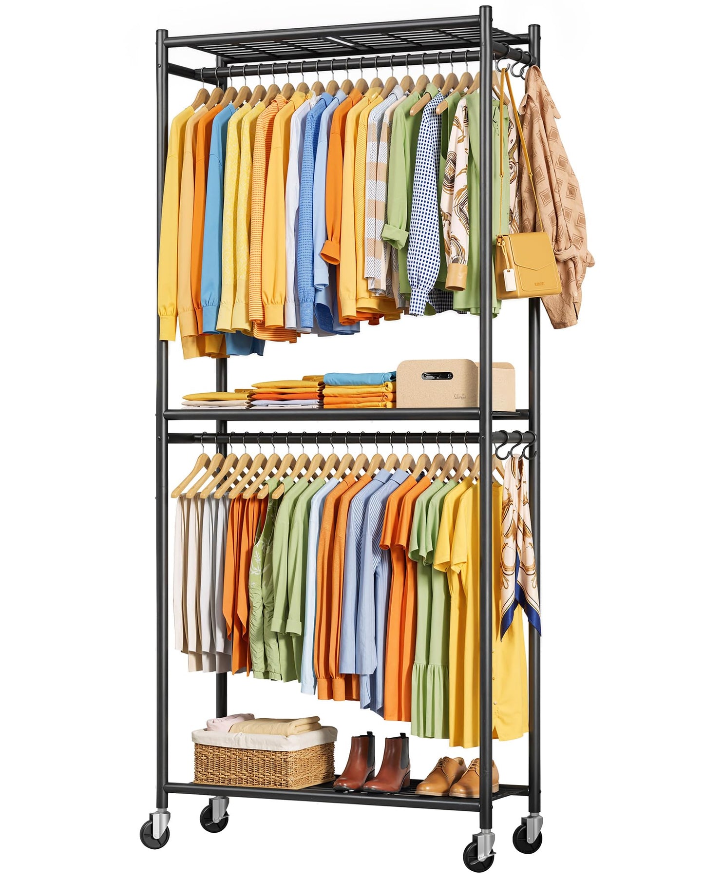 Sakugi Clothes Rack - 33.0" x 12.2" x 79.5" Clothing Rack with Shelves & Wheels, Multi-Functional Wardrobe Closet with Hooks, Sturdy Metal Garment Rack for Bedroom, Laundry, Balcony (Black)