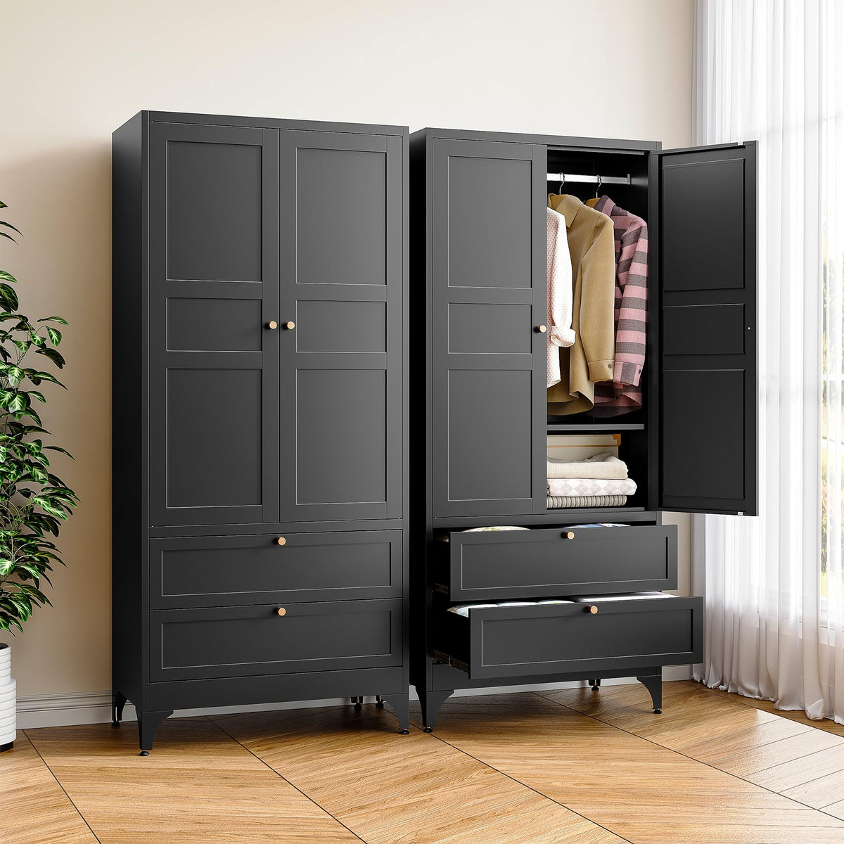BYNSOE 71" Tall Metal Wardrobe Closet with 2 Drawers, Steel Armoire Cabinet with Hanging Rod and Adjustable Shelves, Freestanding Clothes Storage Organizer for Bedroom Office Furniture
