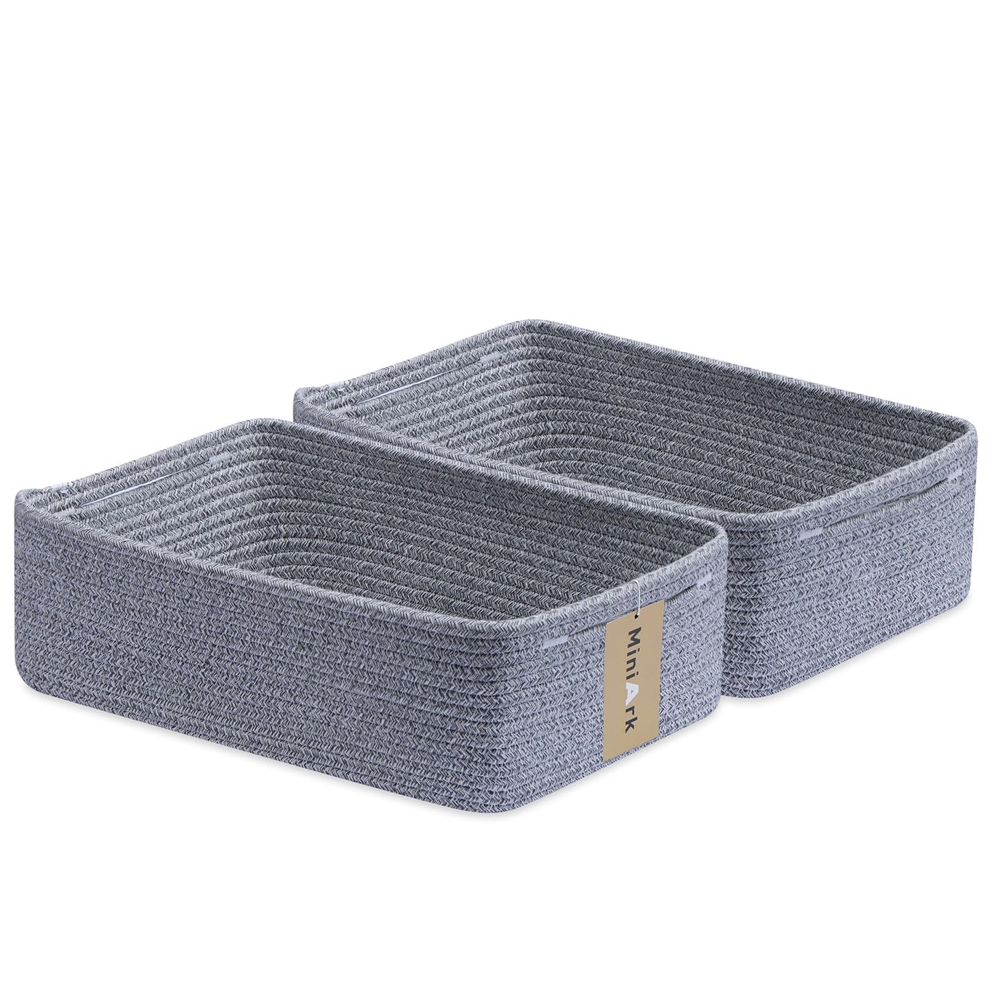 MiniArk Large Shallow Organizing Baskets 15x11x5.1 Inches - Rope Woven Storage Bins for Bathroom, Shelves, Cube Closet, Mixed Brown 2 Packs