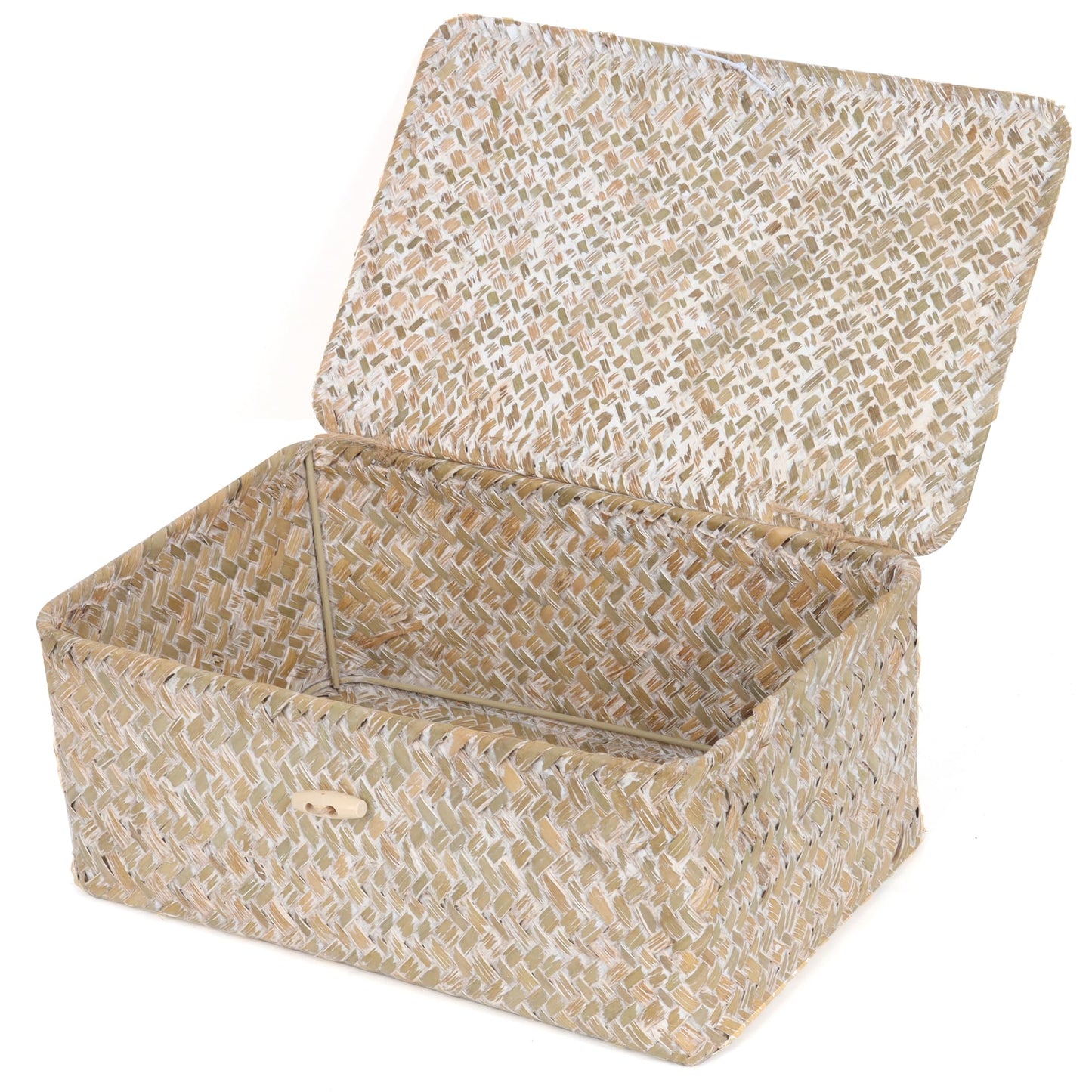 FEIALNDUO Wicker Shelf Baskets with Lid,Seagrass Storage Basket Bins Rectangular Handwoven Basket Boxes for Shelves Desktop Home Organizer (Coffee, X-Small)