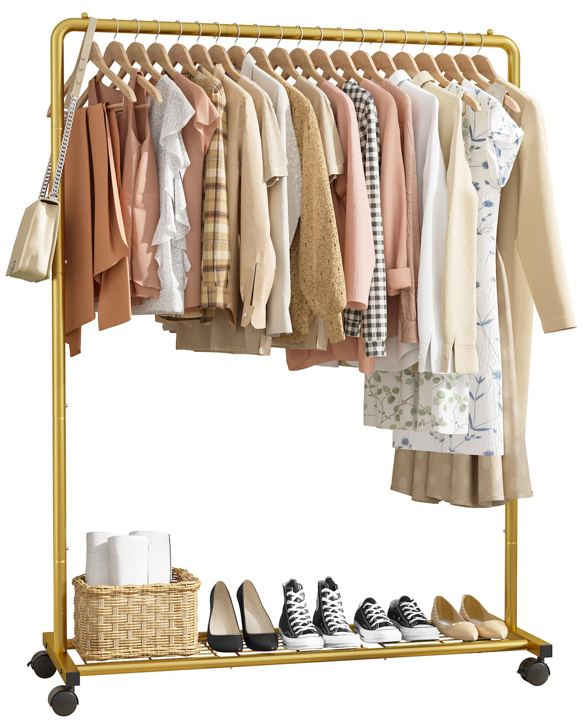 Sakugi Clothes Rack - Clothing Rack with Storage Mesh Shelf & Casters, Heavy-Duty Metal Clothing Rack for Hanging Clothes, Dresses, Coats, Large Load Capacity, Easy Assembly, Black, 28.0"x16.9"x59.0"