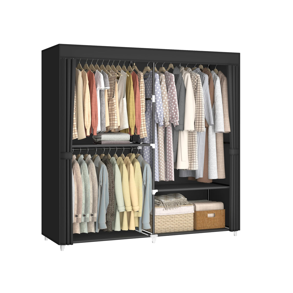 MOGELAFOO 64.5” Portable Closet, Freestanding Wardrobe Clothes Rack with Fabric Cover, 5 Hanging Rods and 6 Storage Shelves for Bedroom, Black