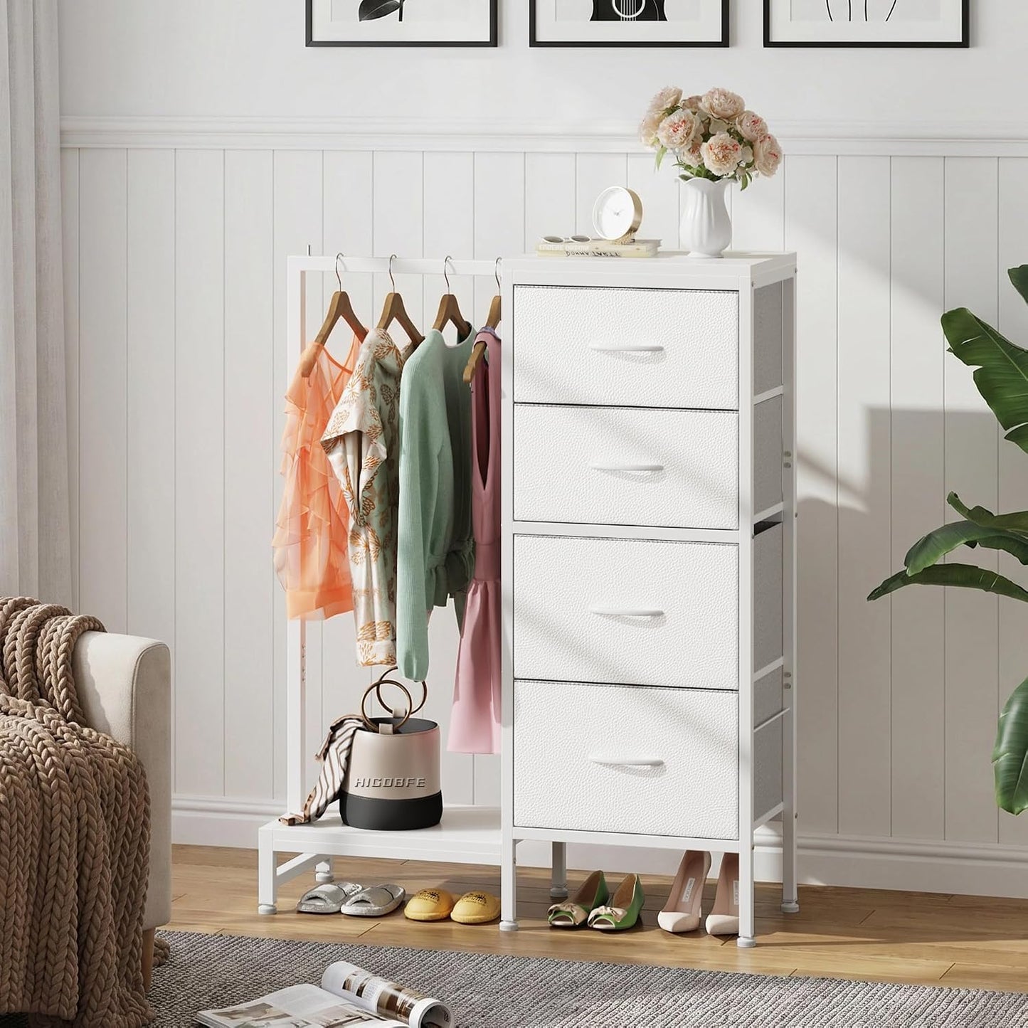HIGDBFE Tall Dresser 44''H with Hanging Rack, 4 Drawers Small Closet Dresser for Bedroom, Reversible Fabric Chest of Drawers with Clothes Rack, Tall Storage Tower, Sturdy Frame, White