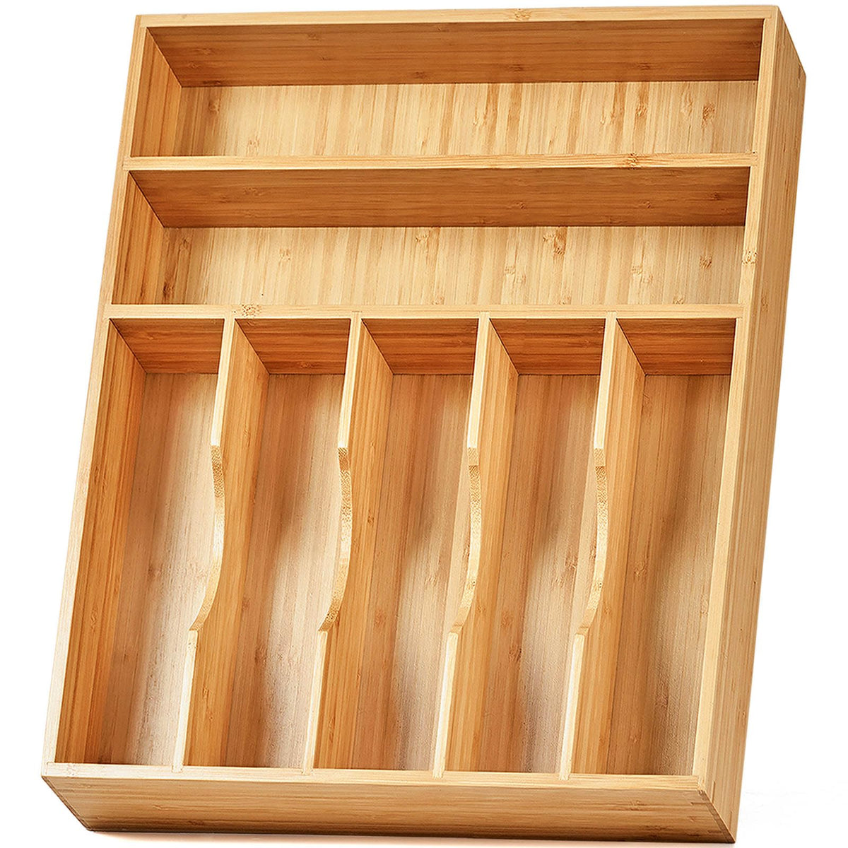 Umilife Extra Large Expandable Kitchen Siverware Utensils Drawer Organizer, 19" Deep for Big Drawer, Adjustable Bamboo Wood Drawer Divider with Curved Grooves, Cutlery Tray Flatware Holder