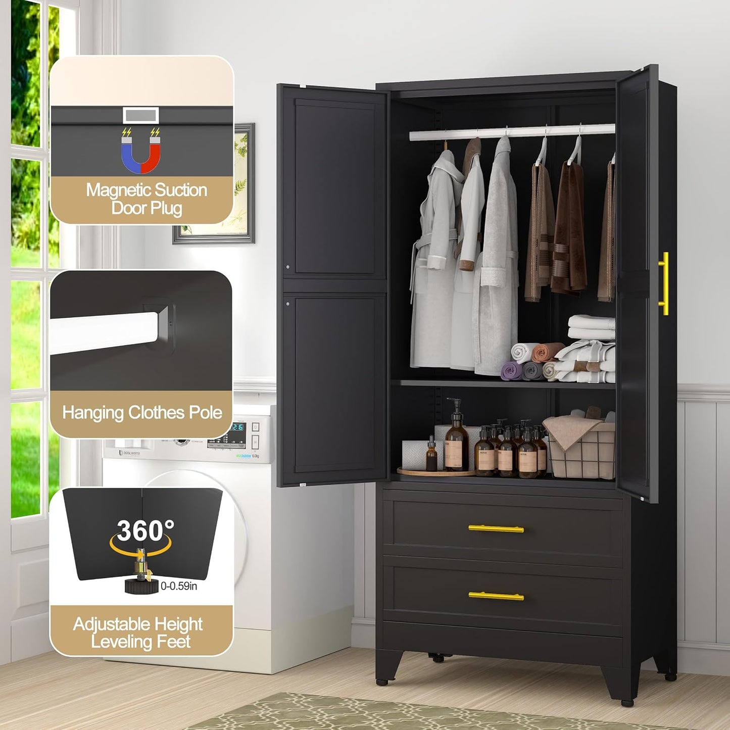 GAIOUS Metal Wardrobe Cabinet with 2 Drawers, 71" Clothing Storage Cabinets
