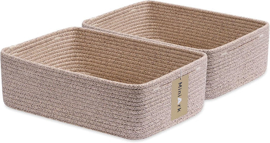 MiniArk Large Shallow Organizing Baskets 15x11x5.1 Inches - Rope Woven Storage Bins for Bathroom, Shelves, Cube Closet, Mixed Brown 2 Packs