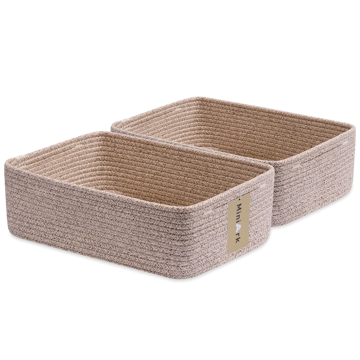MiniArk Large Shallow Organizing Baskets 15x11x5.1 Inches - Rope Woven Storage Bins for Bathroom, Shelves, Cube Closet, Mixed Brown 2 Packs